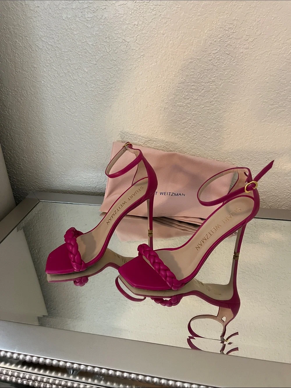 Stuart Weitzman Hot Pink Braided Strap Stiletto Sandals